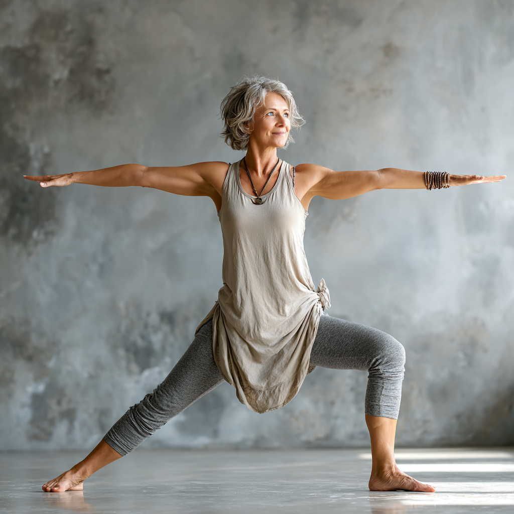 Mature woman around fifty years old in comfortable yoga attire performing warrior pose with confident smile in bright modern studio