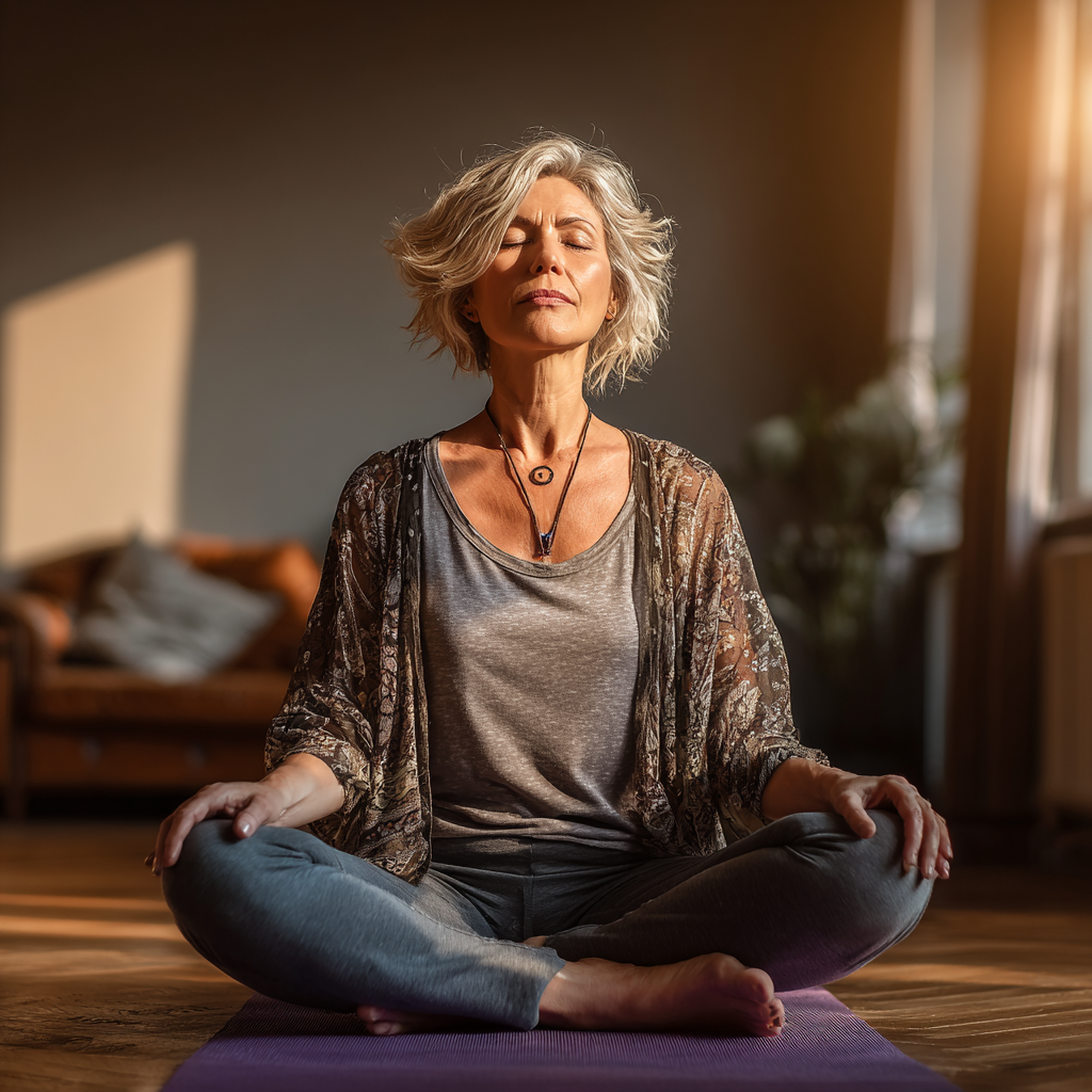 Peaceful middle-aged woman in her forties practicing yoga pose on purple mat in serene studio environment with natural lighting